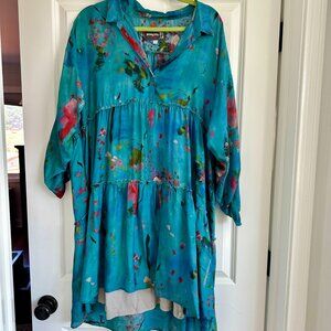 Johnny Was floral print silk tiered dress w/roll sleeve tabs, & pockets w/slip